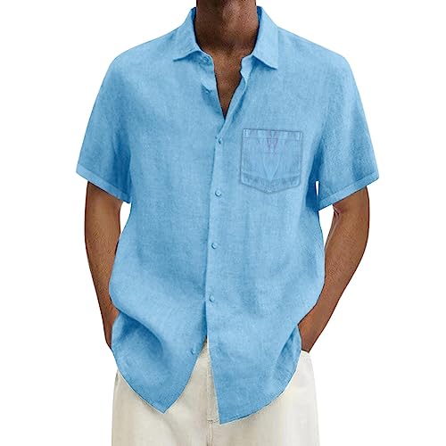 Hemd Herren Kurzarm - mit Brusttasche Hawaii Leinenhemd Männer, Einfarbig Revers Sommerhemd Button Down Bügelfrei Kurzarmhemd Sommer Strand Freizeithemd Businesshemd Blau 3XL von Mobanna