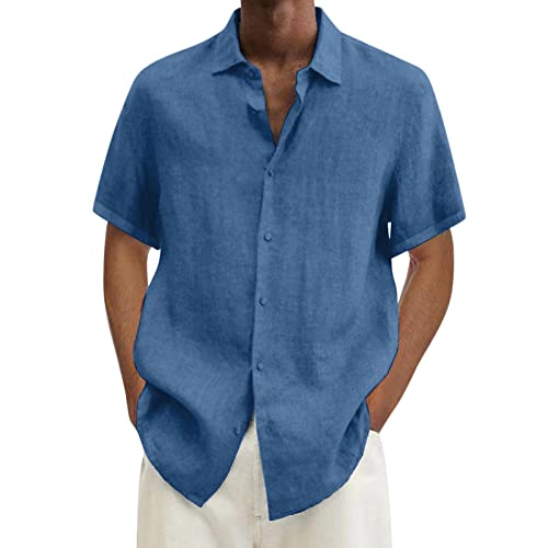 Herren Hemd Kurzarm - Button Down Leinenhemd Herren, mit Brusttasche Sommer Kurzarmhemd Slim Fit Bügelfrei Freizeithemden Outdoor Mode Herrenhemd Freizeit Shirt T-Shirt für Männer Blau M von Mobanna