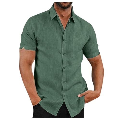 Herren Hemd Kurzarm Leinenhemd Freizeithemd mit Brusttasche Sommer Kurzarmhemd Revers Hawaii Hemd Businesshemd Einfarbig Basic Shirt for Männer Regular Fit Grün XXL von Mobanna