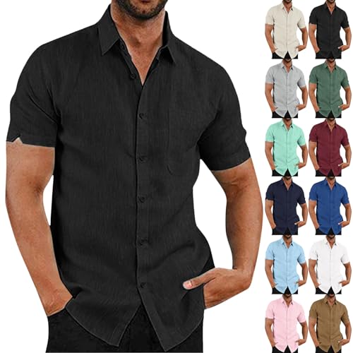 Herren Hemd Kurzarm Leinenhemd Freizeithemd mit Brusttasche Sommer Kurzarmhemd Revers Hawaii Hemd Businesshemd Einfarbig Basic Shirt for Männer Regular Fit Schwarz XL von Mobanna