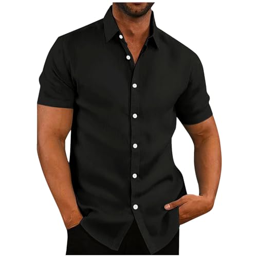 Herren Hemd Kurzarm Leinenhemd Freizeithemd mit Brusttasche Sommer Kurzarmhemd Revers Hawaii Hemd Businesshemd Einfarbig Basic Shirt for Männer Regular Fit Schwarz XL von Mobanna