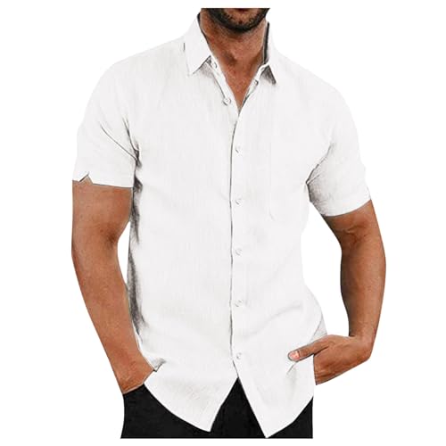 Herren Hemd Kurzarm Leinenhemd Freizeithemd mit Brusttasche Sommer Kurzarmhemd Revers Hawaii Hemd Businesshemd Einfarbig Basic Shirt for Männer Regular Fit WeiB L von Mobanna