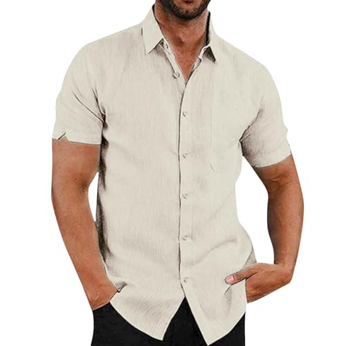 Herren Hemd Kurzarm - Revers Hawaii Hemd Männer, Sommer Strand Hemd Button Down Shirt mit Brusttasche Freizeithemd Einfarbig Retro Kurzarmhemd Leinenhemd Trachtenhemd Oberteile Beige S von Mobanna