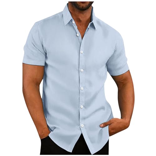 Herren Hemd Kurzarm - Revers Hawaii Hemd Männer, Sommer Strand Hemd Button Down Shirt mit Brusttasche Freizeithemd Einfarbig Retro Kurzarmhemd Leinenhemd Trachtenhemd Oberteile Blau S von Mobanna