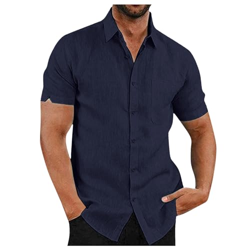 Herren Hemd Kurzarm - Revers Hawaii Hemd Männer, Sommer Strand Hemd Button Down Shirt mit Brusttasche Freizeithemd Einfarbig Retro Kurzarmhemd Leinenhemd Trachtenhemd Oberteile Marineblau 3XL von Mobanna