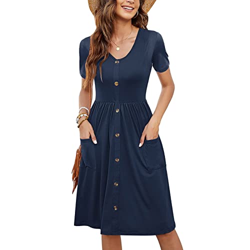 Kleider Damen Sommer Kurz - Rüschen Ärmel Sommerkleid Damen Knielang, V-Ausschnitt Boho Kleid Swing Elastische Taille Midikleid Italienische Frühlingskleid Plisseekleid mit Taschen Marineblau XL von Mobanna