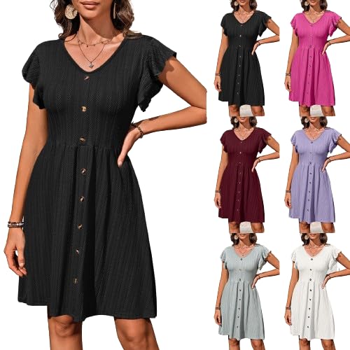 Kleider Damen Sommer Kurz - Rüschen Ärmel Sommerkleid Damen Knielang, V-Ausschnitt Boho Kleid Swing Elastische Taille Midikleid Italienische Frühlingskleid Plisseekleid mit Taschen Schwarz XXL von Mobanna