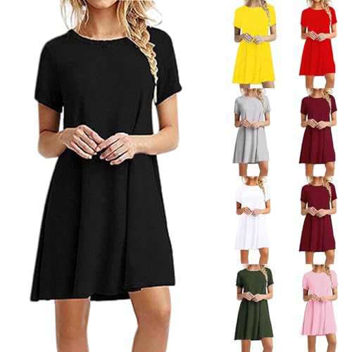 Mobanna Kleider Damen Sommer Kurze - Rundhals Kurzarm Sommerkleid Damen, Casual Locker Shirtkleid Schicke Sommerkleider Sportliche Kleider mit Taschen Tunikakleid Spring Dresses for Women Schwarz L von Mobanna