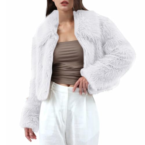Kunstfell Jacke Damen Pelzmantel Kurz Felljacke - Plüsch Pelzjacke Kunstpelz Mantel, Flauschige Langarm Faux Fur Coat, Fleecemantel Wintermantel Jacken Offenem Kragen Mit Reißverschluss Weiss von Mobanna