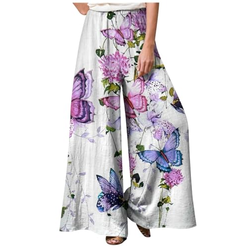 Leinenhose Damen Casual Drucken Stoffhose Loose High Waist Hose Baumwolle Leinen Sommerhose Lässige Weite Beine Hosenrock Boho Culotte Strandhose Marlenehose Frauen von Mobanna