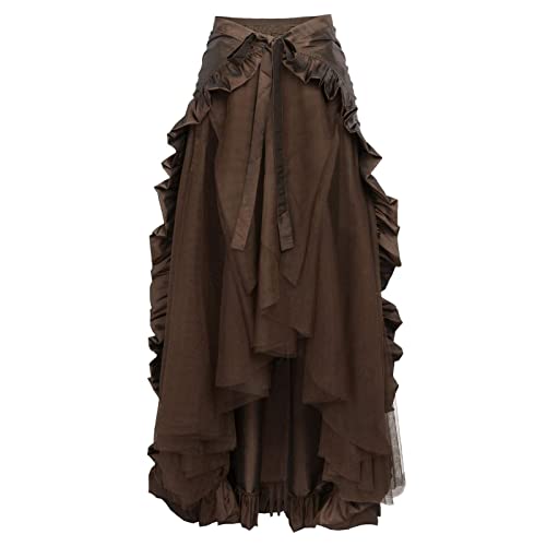 Mittelalter Kleidung Damen Asymmetrische Steampunk Renaissance Rock Knielang mit Schnalle und Riemen Gothic Rock Spitze Schwarz Victorian Gothic Skirt Vintage Spitze Lang Kleid, Braun, XXL von Mobanna