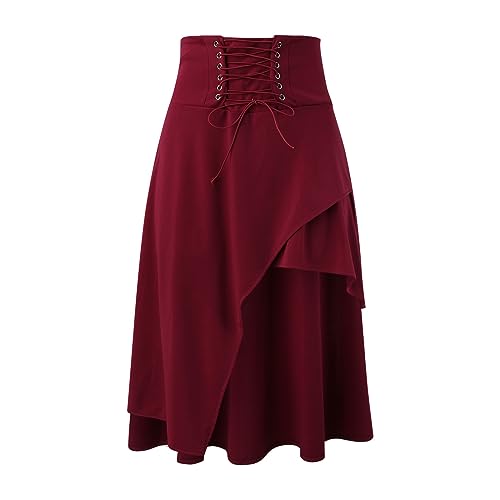 Mittelalter Kleidung Damen Steampunk Renaissance Rock Knielang mit Schnalle und Riemen Gothic Rock Spitze Asymmetrische Rock Schwarz Victorian Gothic Skirt Vintage Spitze Lang Kleid, Rot, L von Mobanna