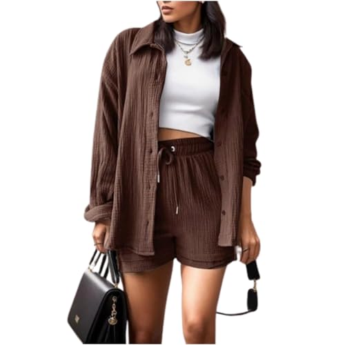 Mobanna 2 Teiler Damen Sommer - Musselin Set Zweiteiler Damen Sommer, Musselin Bluse Top + Shorts Y2k Aesthetic Clothes Loungewear Anzug Sommer Kleidung Für Damen Loungewear Coffee M von Mobanna