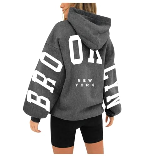 Mobanna Ausgefallene Pullover Damen, Pullover Damen mit Kapuze Backprint Oversize Hoodie - Kapuzenpullover mit BRO-OK-LYN Aufdruck Langarm Pulli Aesthetic Hoodies Winter Warm Hoody S-3XL von Mobanna