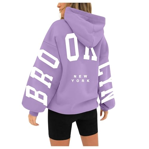Mobanna Ausgefallene Pullover Damen, Pullover Damen mit Kapuze Backprint Oversize Hoodie - Kapuzenpullover mit BRO-OK-LYN Aufdruck Langarm Pulli Aesthetic Hoodies Winter Warm Hoody S-3XL von Mobanna