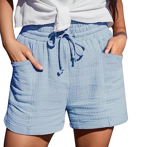 Mobanna Baggy Shorts Damen - mit Gummizug Bermuda Shorts Damen, Sommer Mode Shorts Lässige Musselin Hose mit hoher Taille Gerades Bein Sport Lockere Baumwolle Leinen Shorts Kurze Hose Blau XL von Mobanna