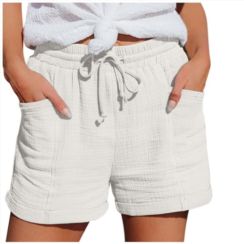 Mobanna Baggy Shorts Damen - mit Gummizug Bermuda Shorts Damen, Sommer Mode Shorts Lässige Musselin Hose mit hoher Taille Gerades Bein Sport Lockere Baumwolle Leinen Shorts Kurze Hose WeiB XXL von Mobanna