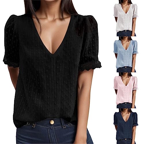 Mobanna Bluse Damen Kurzarm - Boho Spitzen Oberteile Damen, V-Ausschnitt Doppellagig Tunika Italienische Weiße Blusen Elegant Blusentops Tshirt Curvy Mode Trachtenbluse mit Lochstickerei WeiB L von Mobanna