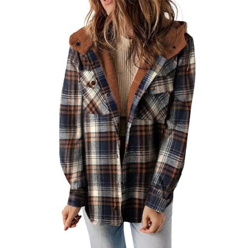 Mobanna Damen Bluse Kariert Langarm, Winterjacke Damen Warme Kariertes Holzfäller Jacke - Langarm Flanelljacken mit Fleece Gefüttert Knopfleiste Shacket Jacke Karo Fleecejacke Kapuzenjacke Braun von Mobanna