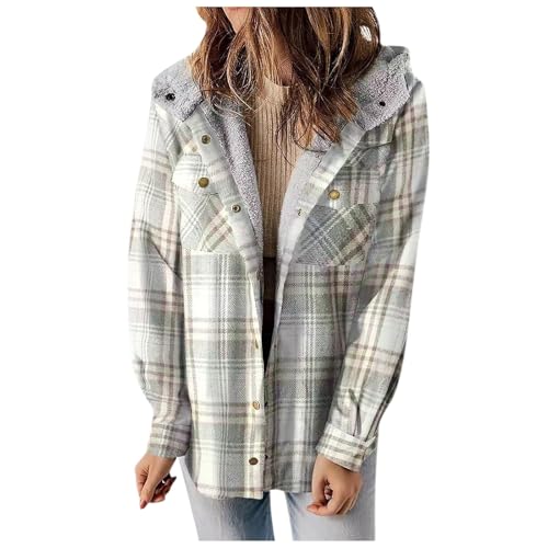 Mobanna Damen Bluse Kariert Langarm, Winterjacke Damen Warme Kariertes Holzfäller Jacke - Langarm Flanelljacken mit Fleece Gefüttert Knopfleiste Shacket Jacke Karo Fleecejacke Kapuzenjacke Hellgrau von Mobanna