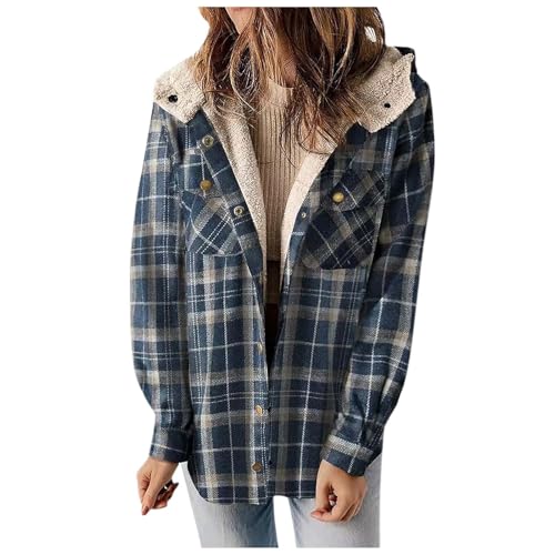 Mobanna Damen Bluse Kariert Langarm, Winterjacke Damen Warme Kariertes Holzfäller Jacke - Langarm Flanelljacken mit Fleece Gefüttert Knopfleiste Shacket Jacke Karo Fleecejacke Kapuzenjacke Marineblau von Mobanna