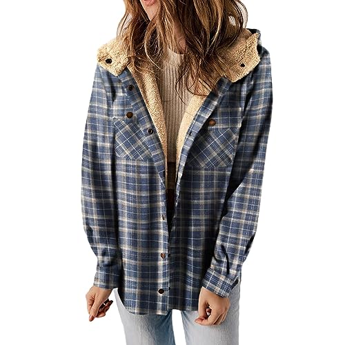 Mobanna Damen Bluse Kariert Langarm, Winterjacke Damen Warme Kariertes Holzfäller Jacke - Langarm Flanelljacken mit Fleece Gefüttert Knopfleiste Shacket Jacke Karo Fleecejacke Kapuzenjacke Marineblau von Mobanna