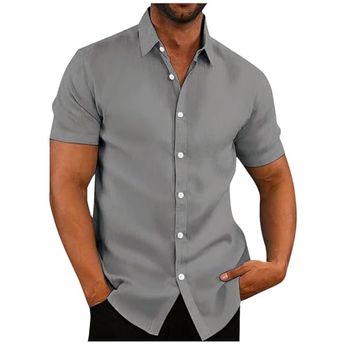 Mobanna Hemd Herren Kurzarm - Einfarbig Revers Leinenhemd Herren, mit Brusttasche Freizeithemd Button Down Kurzarmhemd Männer Hawaii Hemd Slim Fit Bügelfrei Sommerhemd Businesshemd Grau L von Mobanna