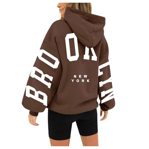 Mobanna Hoody Damen Oversize, Pullover Damen mit Kapuze Backprint Oversize Hoodie - Kapuzenpullover mit BRO-OK-LYN Aufdruck Langarm Pulli Aesthetic Hoodies Winter Warm Hoody S-3XL von Mobanna