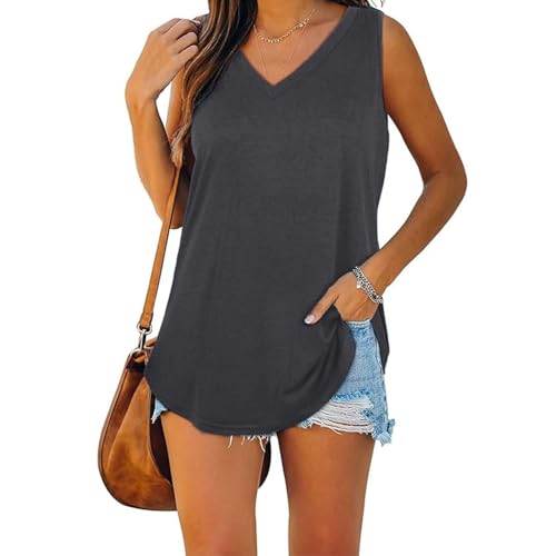 Mobanna Longtops Damen Lang - V Ausschnitt Ärmellose Tunika Damen Sommer, Casual Locker Tank Tops Einfarbig Lässig Basic Tops Oberteile Tanktops Grau XXL von Mobanna