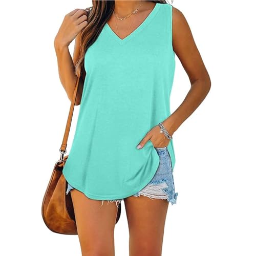 Mobanna Longtops Damen Lang - V Ausschnitt Ärmellose Tunika Damen Sommer, Casual Locker Tank Tops Einfarbig Lässig Basic Tops Oberteile Tanktops Mintgrün XXL von Mobanna