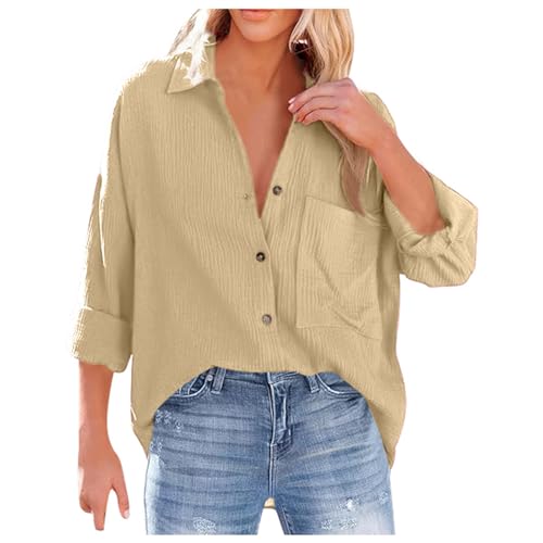 Mobanna Musselin Bluse Damen - Fledermausärmel Leinenbluse Damen V-Ausschnitt Button Down Hemd Blusen Langarm Baumwolle Einfarbig Hemdbluse Longbluse mit Tasche Oberteil Khaki L von Mobanna