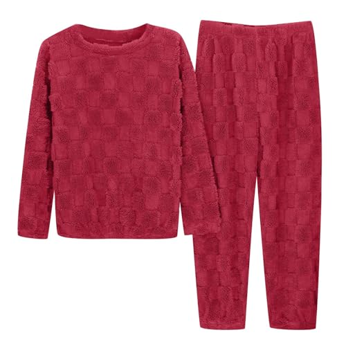 Teddy Schlafanzug Damen, Jumpsuit Damen Fleece Warm Hausanzug Flanell Loungewear Thermo Frauen Pjs Kuschelanzug Pyjama Set Flauschig Freizeitanzug Nachtwäsche, Rot von Mobanna