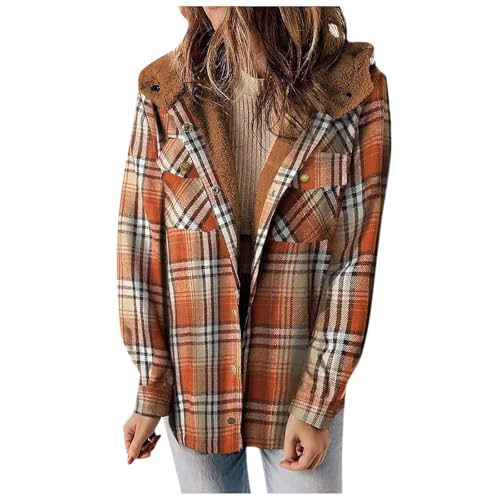Mobanna Warme Winterjacke Damen, Winterjacke Damen Warme Kariertes Holzfäller Jacke - Langarm Flanelljacken mit Fleece Gefüttert Knopfleiste Shacket Jacke Karo Fleecejacke Kapuzenjacke Orange von Mobanna