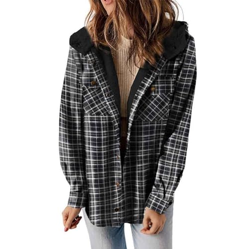 Mobanna Warme Winterjacke Damen, Winterjacke Damen Warme Kariertes Holzfäller Jacke - Langarm Flanelljacken mit Fleece Gefüttert Knopfleiste Shacket Jacke Karo Fleecejacke Kapuzenjacke Schwarz von Mobanna