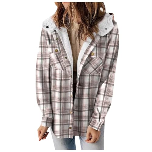 Mobanna Warme Winterjacke Damen, Winterjacke Damen Warme Kariertes Holzfäller Jacke - Langarm Flanelljacken mit Fleece Gefüttert Knopfleiste Shacket Jacke Karo Fleecejacke Kapuzenjacke Weiss von Mobanna
