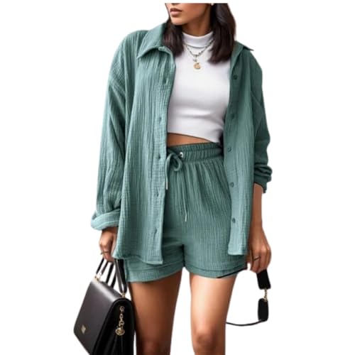 Mobanna Zweiteiler Damen Sommer - Langarm Musselin Bluse Hemd und Shorts 2 Teiler, Elegant Baumwolle Lounge Set Damen Set Shorts Und Oberteil Strand Outfit Set Two Piece Set Women Loungewear Blau M von Mobanna