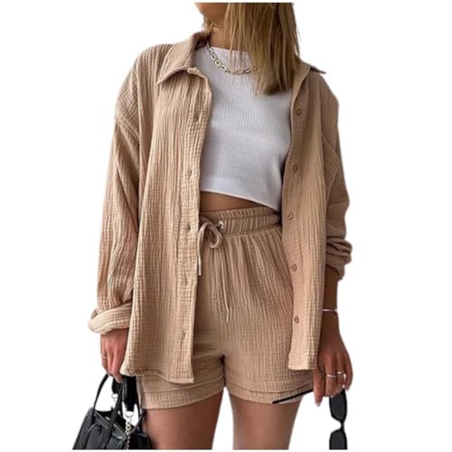 Mobanna Zweiteiler Damen Sommer - Langarm Musselin Bluse Hemd und Shorts 2 Teiler, Elegant Baumwolle Lounge Set Damen Set Shorts Und Oberteil Strand Outfit Set Two Piece Set Women Loungewear Khaki L von Mobanna