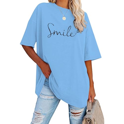 Oversize Shirt Damen - mit Schriftzug Drucken T-Shirt Damen Sommer, Rundhals Kurzarm Tshirt Lose Italienische Mode Tops Shirt Oberteile Frauen Smile Gedruckt Lässig Bluse Sportshirt von Mobanna