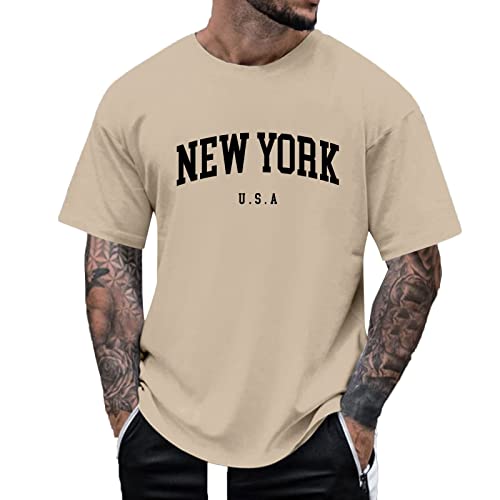 Oversize Shirt Herren - Rundhals Kurzarm Tshirt, mit New York Grafik Kreativen Buchstaben T-Shirt Vintage Drucken Streetwear Sommer Lose Oberteile Männer Atmungsaktiv Sportshirts Khaki XL von Mobanna