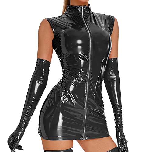 Sexy Kleid Damen - Latex Dessous Frauen Sexy, Lackleder Kleid Rock Lack Leder Kleid Dessous Minikleid Clubwear Reissverschluss Club Anzug Enge Kleidung von Mobanna