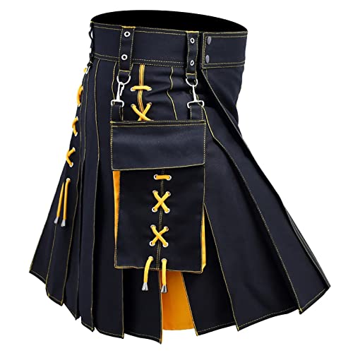 Traditioneller Kilt Herren, Schottischer Männer Kurzer Schottenrock Irish Tartan Männlich Klassischer Retro Rock Herrenrock Mit Riemen Und Großen Frachttaschen Herrenröcke Individualität Schotte von Mobanna