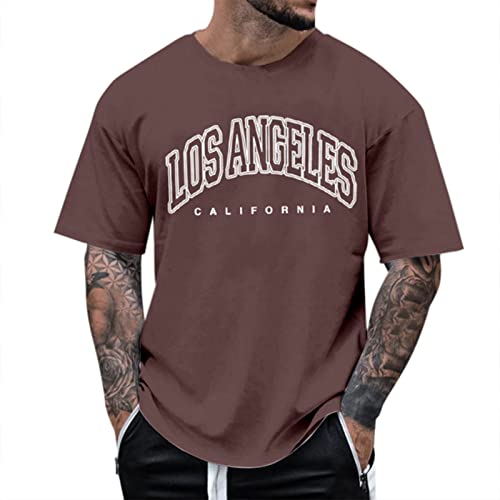 Tshirt Herren Oversize - Rundhals Kurzarm Los Angeles Tshirt, Kreativen Grafik Buchstaben T-Shirt Casual Lose Oberteile Vintage Drucken Streetwear Männer Mode Shirts Sport Tops Braun 3XL von Mobanna