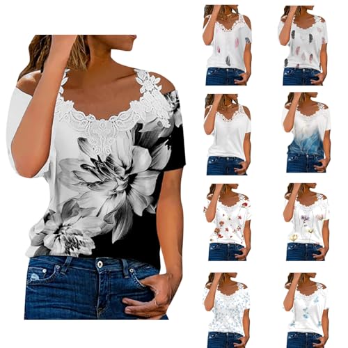 Tunika Damen Sommer Kurzarm - Schulterfreies Oberteil Damen, V-Ausschnitt Blumendruck Tshirt Elegant Spitzenbesatz Bluse Große Größen Modische Oberteile Tops Shirts Dunkelgrau M von Mobanna