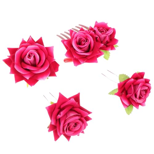 Mobestech 4 Stück Simulierte Rose Haarnadel Brosche Haarschmuck Corsage Dual-purpose Schmuck Kopfschmuck Schmuck Braut Hochzeit Kopfschmuck (rosenrotes Set) Rosenbrosche Werkzeug Stoff von Mobestech