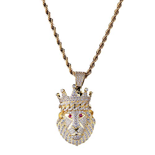 MoCa Jewelry Hip Hop Iced Out Bling Löwe Anhänger Kette 18 K vergoldet Halskette mit 61 cm Edelstahlkette von Moca Jewelry