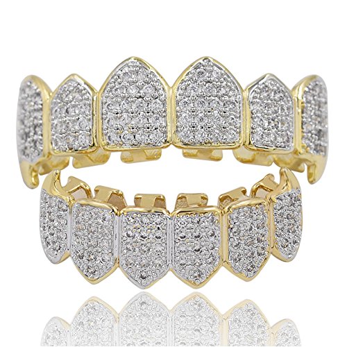 KMASAL Schmuck Hip Hop Unisex 18 Karat Vergoldet Iced Out CZ Simulierte Diamant Top Bottom Teeth Grill Set für Männer Frauen (gold) von KMASAL