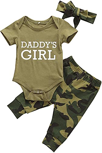 MoccyBabeLee Neugeborenes Baby Camouflage Kleidung Mamas Daddy's Mädchen Jungen Buchstaben Drucken Strampler Bodys Camouflage Lange Hosen Hüte Outfit Set, Daddy's Girl Strampler, 50 von MoccyBabeLee