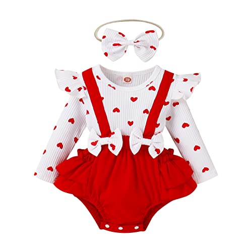 MoccyBabeLee Weihnachten Neugeborenes Baby Mädchen Outfit Säugling Rot Plaid Strampler Langarm Bodysuit Jumpsuits Patchwork Rock Stirnband Xmas Kleidung, Rotes Herz, 68 von MoccyBabeLee