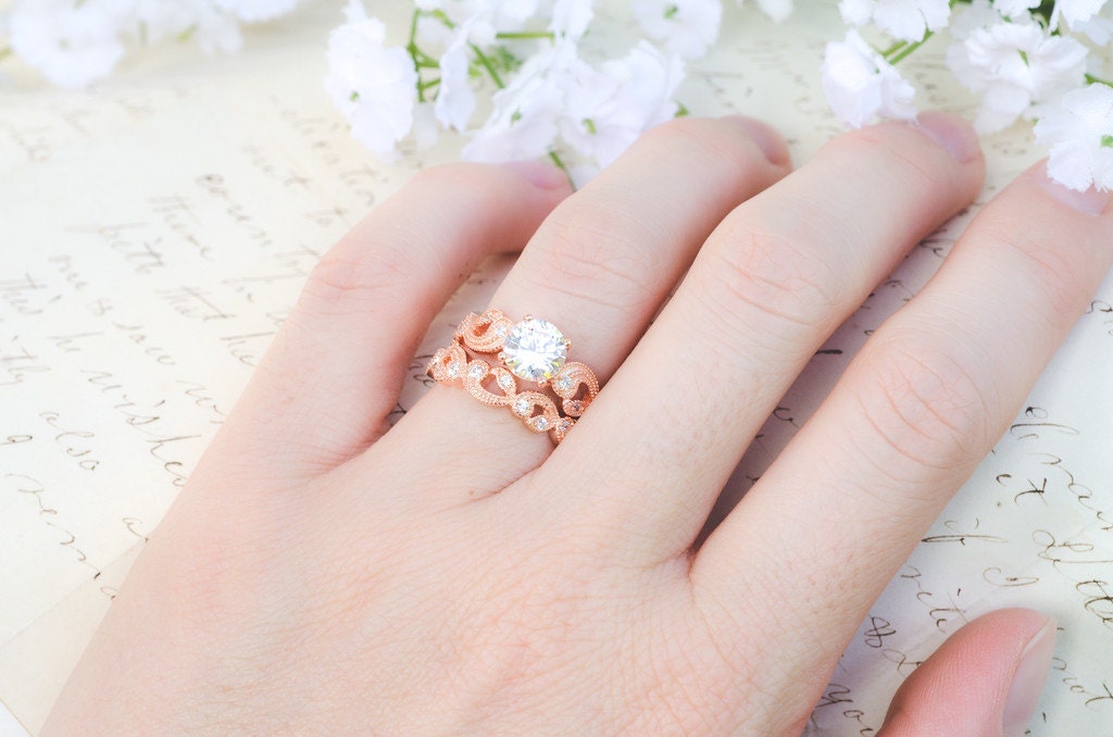 Blatt & Ranke Verlobungsring - Floraler Schriftrolle Ring Art Deco Ehering Set Roségold Milgrain Sterling Silber von MochaRings