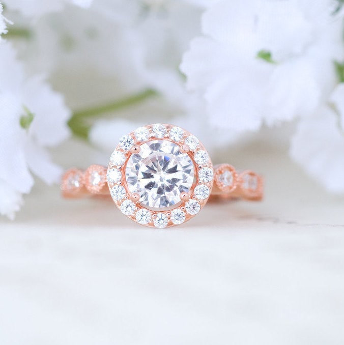 Rose Gold Verlobungsring - Art Deco Ehering Runder Heiligenschein Ring Vintage Stil Versprechen Sterling Silber 1 Carat von MochaRings